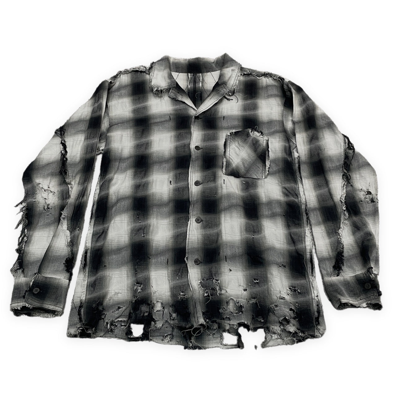 [-]Minus SLASH SEAM OMBRE CHECK SHIRT スラッシュシームオンブレチェックオープンカラーダメージシャツ 開襟 ブラウス トップス 定価35,200円 マイナス メンズ