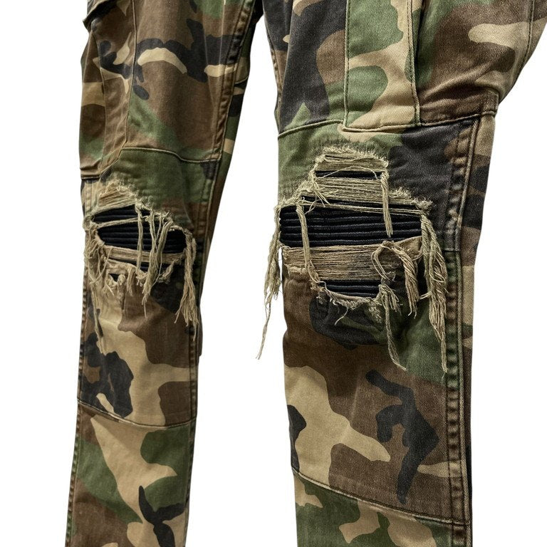 AMIRI ダメージレザーリペアカモフラージュバイカーカーゴパンツ 迷彩 総柄 ボトムス 蛇腹 ミリタリー MBMX1-CAR アミリ メンズ