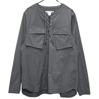 prasthana Lace-up fatigue shirt レースアップファティーグシャツ ポリエステルレーヨンギャバジンノーカラープルオーバーブラウス トップス プラスターナ メンズ