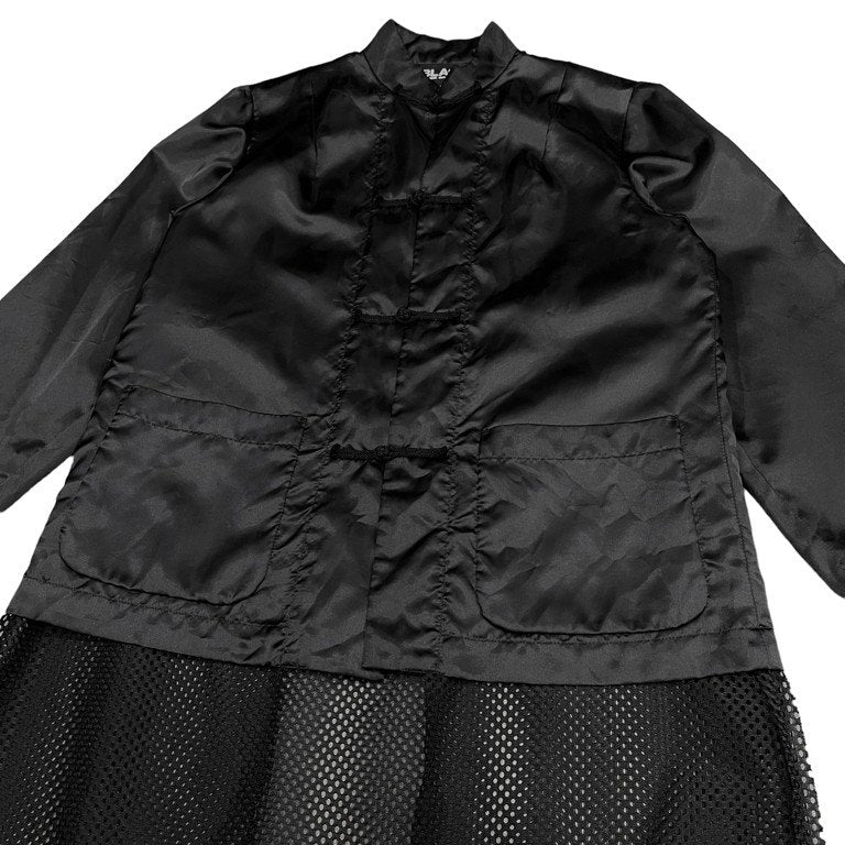 BLACK COMME des GARCONS 18AW ポリエステルサテンメッシュレイヤードカンフージャケット チャイナボタン 釈迦ボタン シャツ コート ブラック コムデギャルソン メンズ レディース ユニセックス