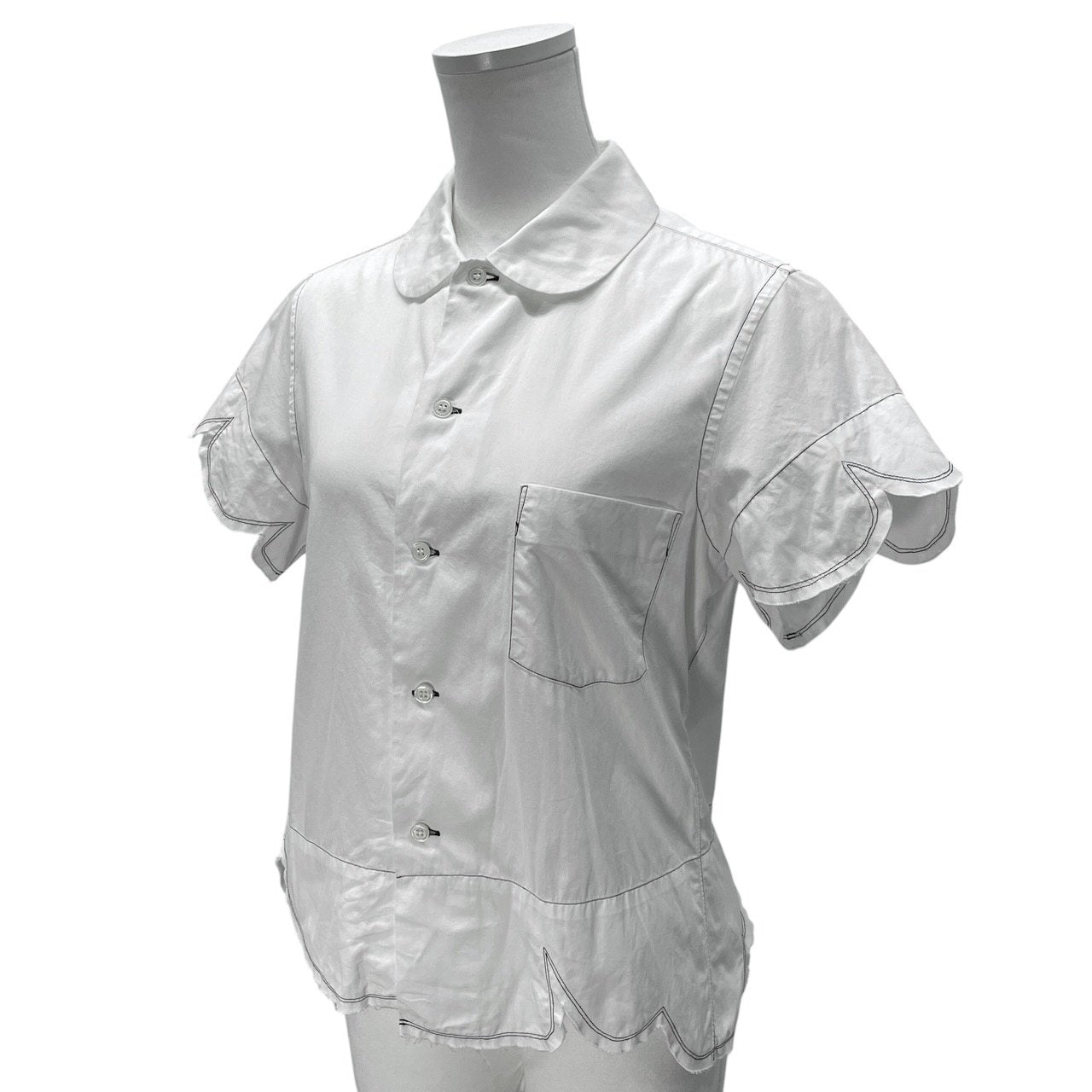 BLACK COMME des GARCONS 09SS コットンブロード黒ステッチランダムカッティング丸襟半袖ブラウス シャツ トップス カットオフ ブラック コムデギャルソン レディース