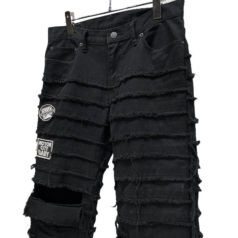 HYSTERIC GLAMOUR ツギハギクラッシュパッチワークワッペンブラックデニムパンツ Archive レア KINKY ウミヘビ クラスト ダメージ加工 ボトムス ヒステリックグラマー メンズ レディース ユニセックス