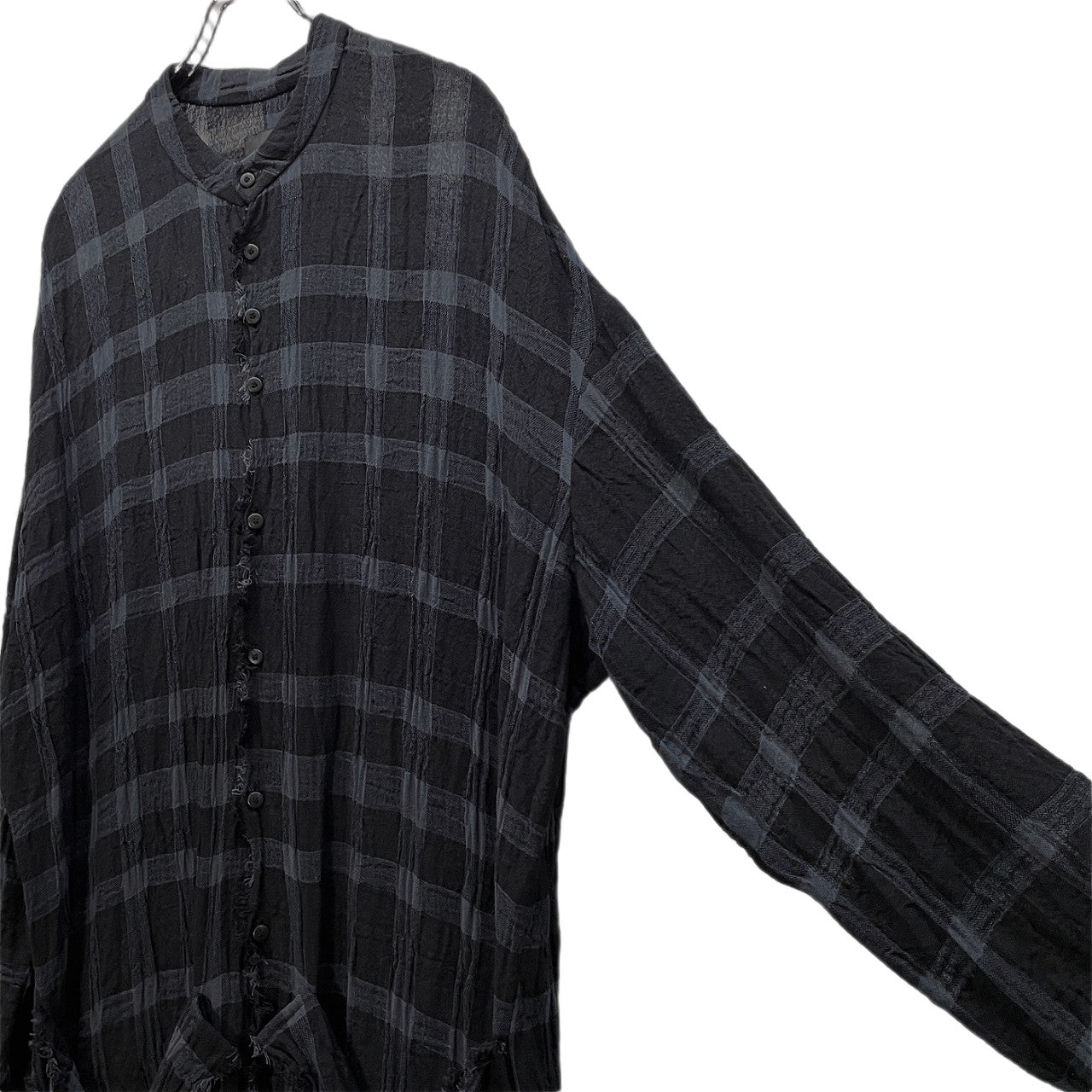 SOSNOVSKA リネンコットンガーゼチェックカットオフバンドカラーロングシャツ ブラウス トップス ソスノブスカ メンズ