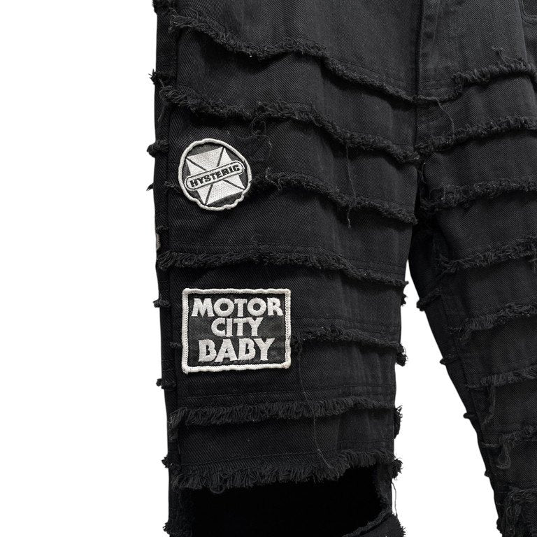 HYSTERIC GLAMOUR ツギハギクラッシュパッチワークワッペンブラックデニムパンツ Archive レア KINKY ウミヘビ クラスト ダメージ加工 ボトムス ヒステリックグラマー メンズ レディース ユニセックス