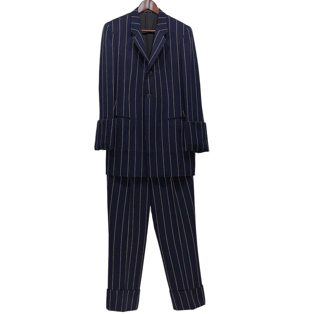 Yohji Yamamoto Femme 93AW コートカフスストライプセットアップスーツ Archive 90s 脱色期 テーラードジャケット パンツ ブルゾン アウター ボトムス ヨウジヤマモトファム レディース