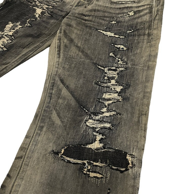 KAPITAL LEGS 初期 炭鉱クラッシュ加工黒革色5Pデニムパンツ 超希少 一点物 オーダー リメイク ダメージ加工 ヴィンテージ加工 月桂樹ボタン コレクターズ KOUNTRY カントリー ボトム キャピタル メンズ