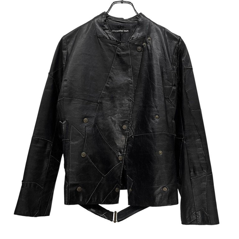 VIVIENNE TAM カウレザーパッチワークノーカラーダブルライダースレザージャケット Archive Vintage 90s 00s ブルゾン コート アウター ヴィヴィアンタム レディース