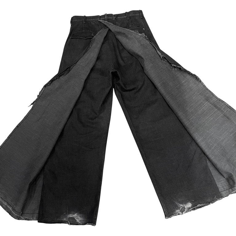 obsess カットオフブラックデニムバックレザーベルトラップワイドパンツ モードの悲劇 ボトムス オブセス メンズ