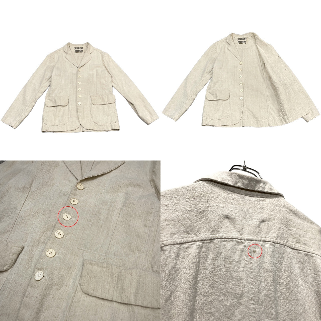 VINCENT JALBERT 6 BUTTONS JACKET (FULL VINTAGE LINEN) ヴィンテージフレンチリネン6ボタンワークジャケット テーラード ブルゾン コート アウター L ヴィンセントジャルベール メンズ