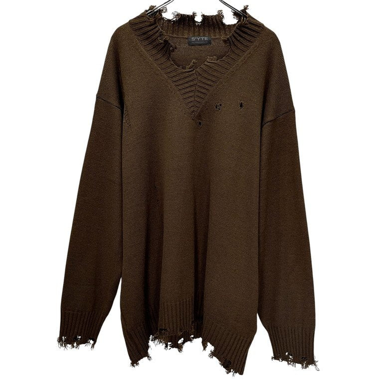 S'YTE Yohji Yamamoto 7G BULKY WOOL DAMAGE V NECK PULLOVER ミドルゲージVネックダメージニットセーター カットオフ トップス UM-K48-613 サイト ヨウジヤマモト メンズ レディース ユニセックス