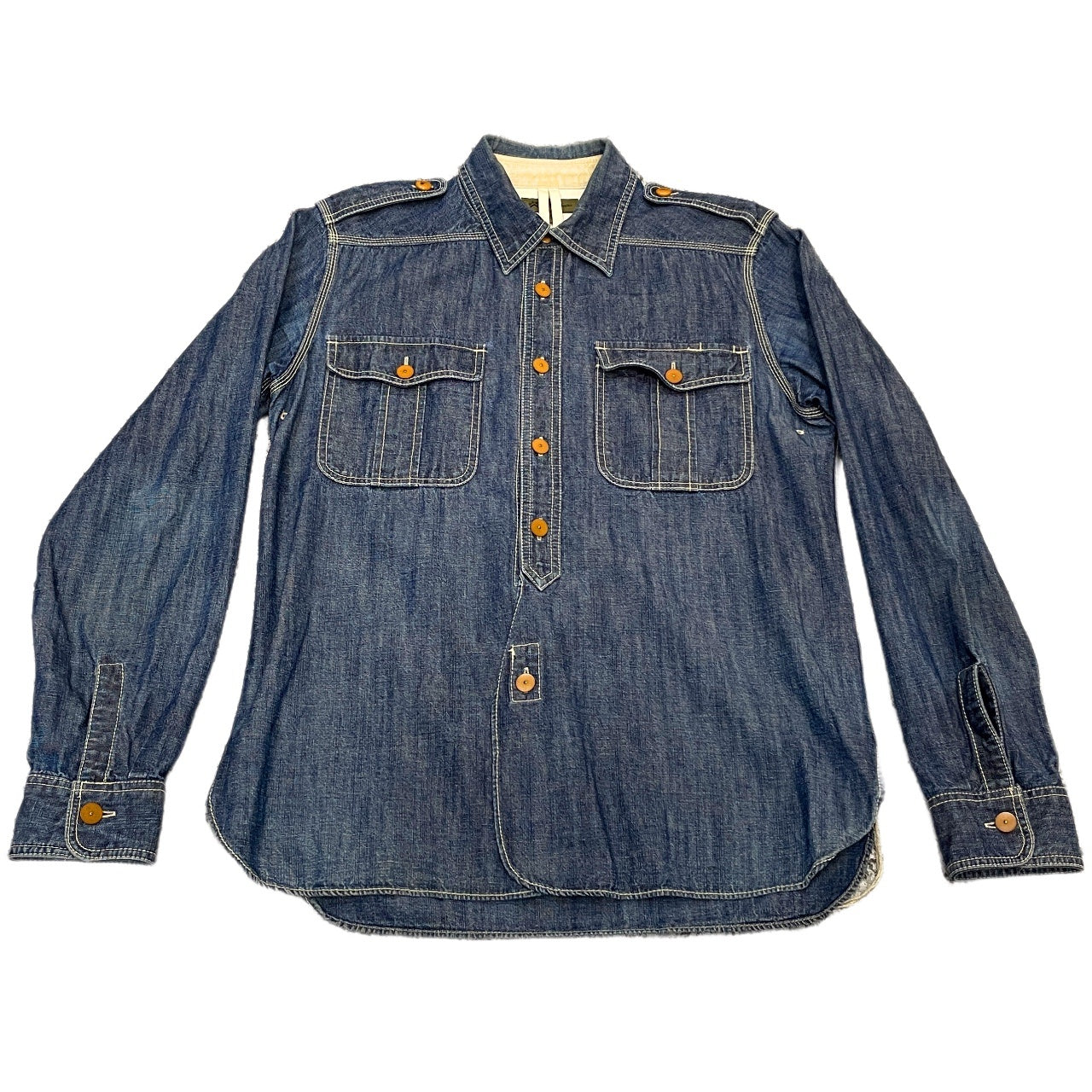 Nigel Cabourn コットンリネンデニムダブルポケットエポレット空環シャツ ブラウス トップス ナイジェルケーボン メンズ