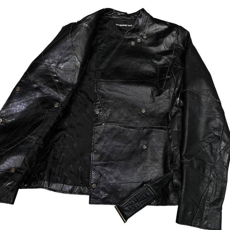VIVIENNE TAM カウレザーパッチワークノーカラーダブルライダースレザージャケット Archive Vintage 90s 00s ブルゾン コート アウター ヴィヴィアンタム レディース