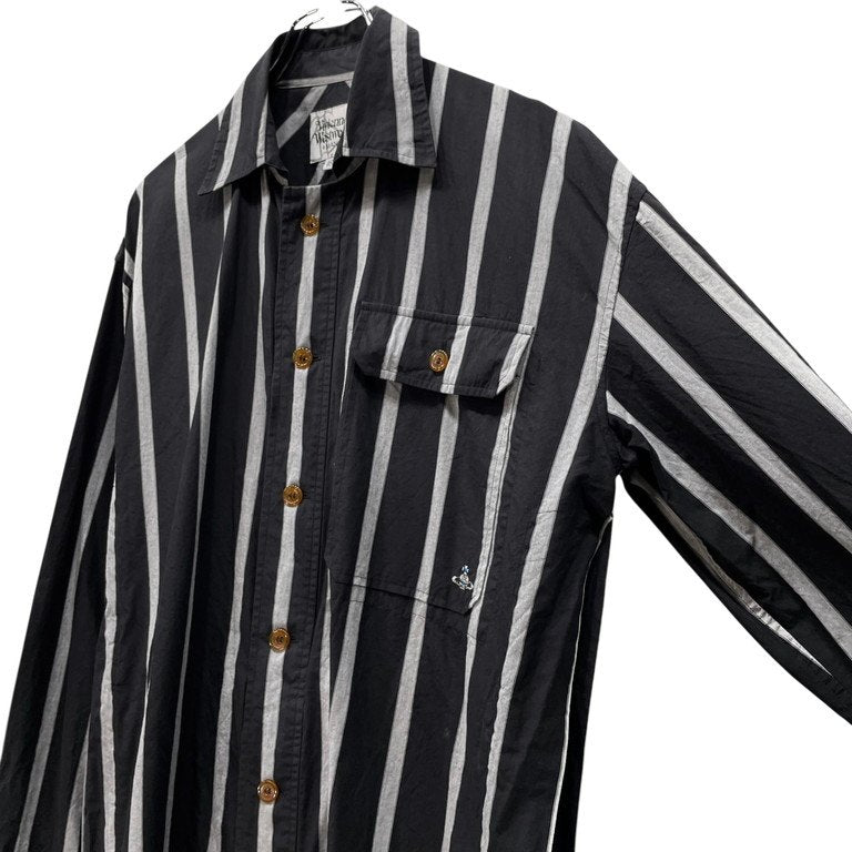 Vivienne Westwood MAN サイドディープスリットベルテッドストライプロングシャツコート オーブ 刺繍 内ベルト トップス アウター ジャケット ヴィヴィアンウエストウッド マン メンズ