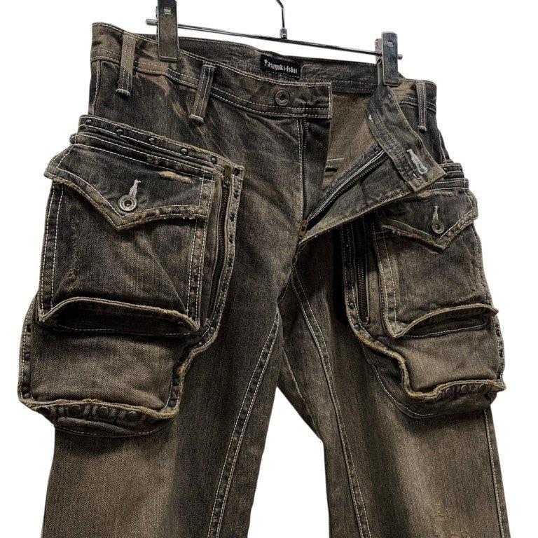 YASUYUKI ISHII ブラックデニムスタッズダメージ加工カーゴポケットフレアパンツ ボトムス Archive 00s Y2K ヤスユキイシイ メンズ