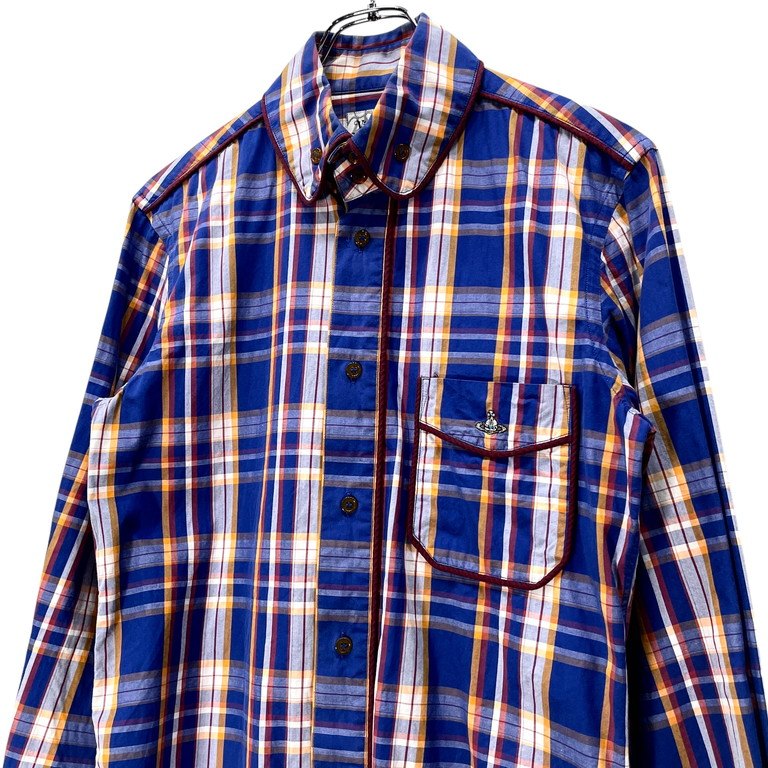 Vivienne Westwood MAN マドラスチェックラウンドカラーパイピングボタンダウンシャツ ブラウス トップス 丸襟 オーブ刺繍 ヴィヴィアンウエストウッド マン メンズ