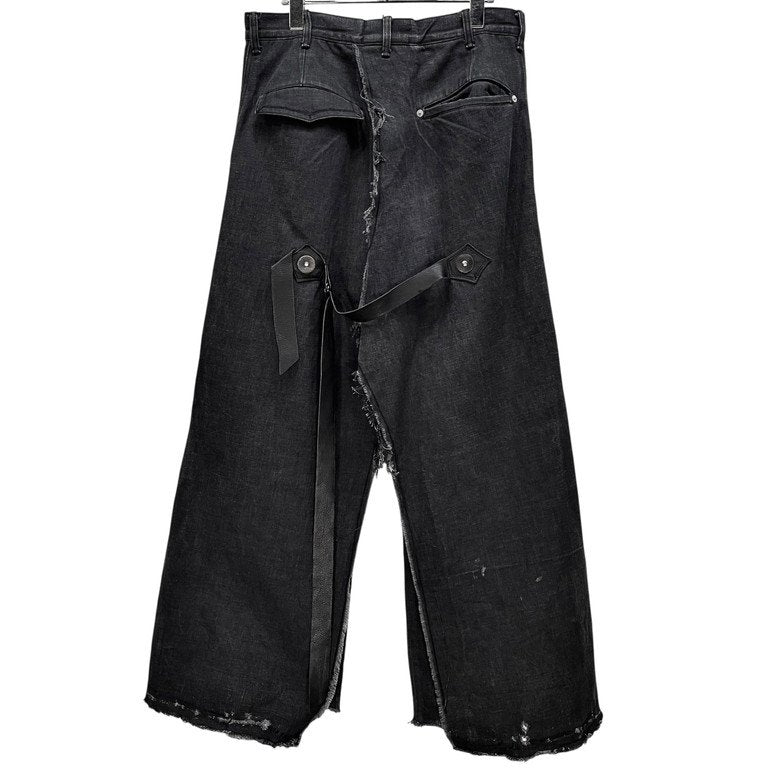 obsess カットオフブラックデニムバックレザーベルトラップワイドパンツ モードの悲劇 ボトムス オブセス メンズ