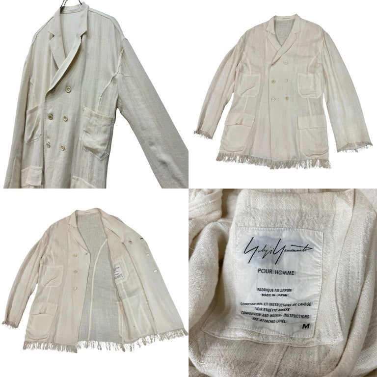 Yohji Yamamoto Pour Homme 94SS リネンカットオフフリンジセットアップスーツ Archive 90s スケアクロウ期 ダブルブレストテーラードジャケット 2タックワイドパンツ スラックス ボトムス ヨウジヤマモトプールオム メンズ