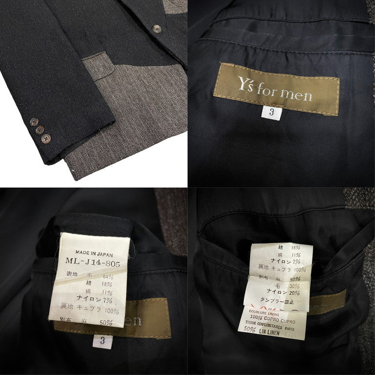 Y's for men ウールコットンシルクツイードパッチワーク3Bテーラードジャケット ブレザー Archive 切り替え Yohji Yamamoto