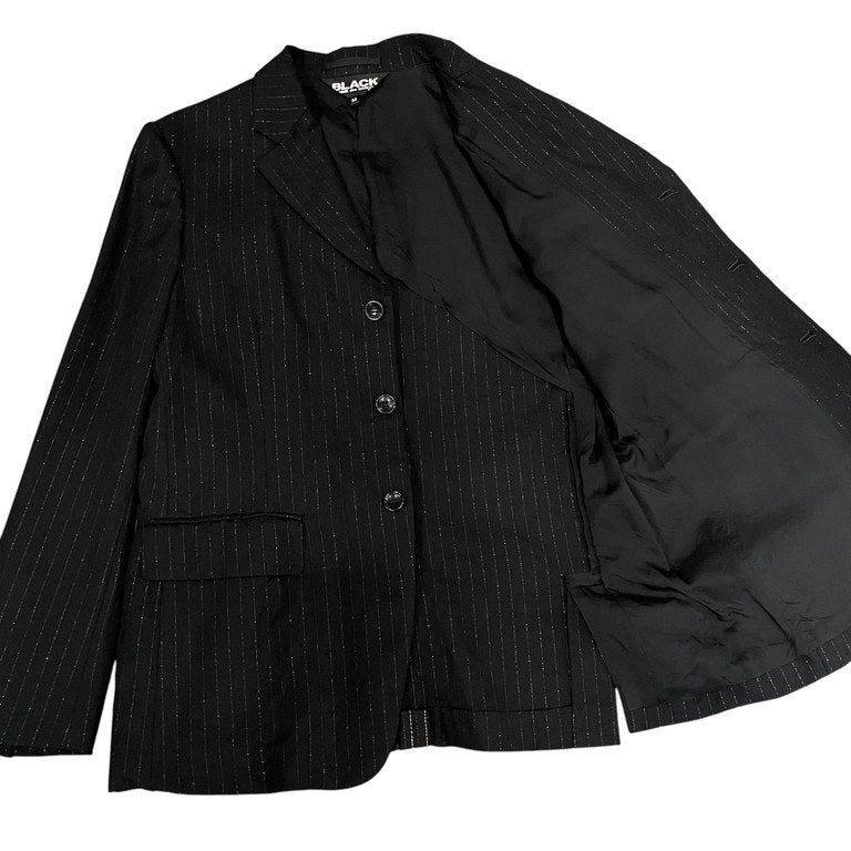 BLACK COMME des GARCONS 19SS 金糸ステッチ銀ラメピンストライプ3Bテーラードジャケット ブレザー スタンドカラー ブルゾン コート アウター ブラック コムデギャルソン メンズ レディース ユニセックス