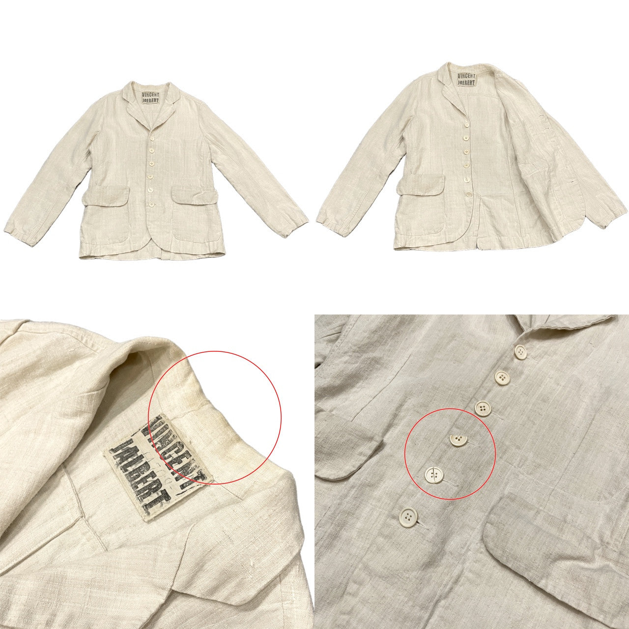 VINCENT JALBERT 6 BUTTONS JACKET (FULL VINTAGE LINEN) ヴィンテージフレンチリネン6ボタンワークジャケット テーラード ブルゾン コート アウター M ヴィンセントジャルベール メンズ