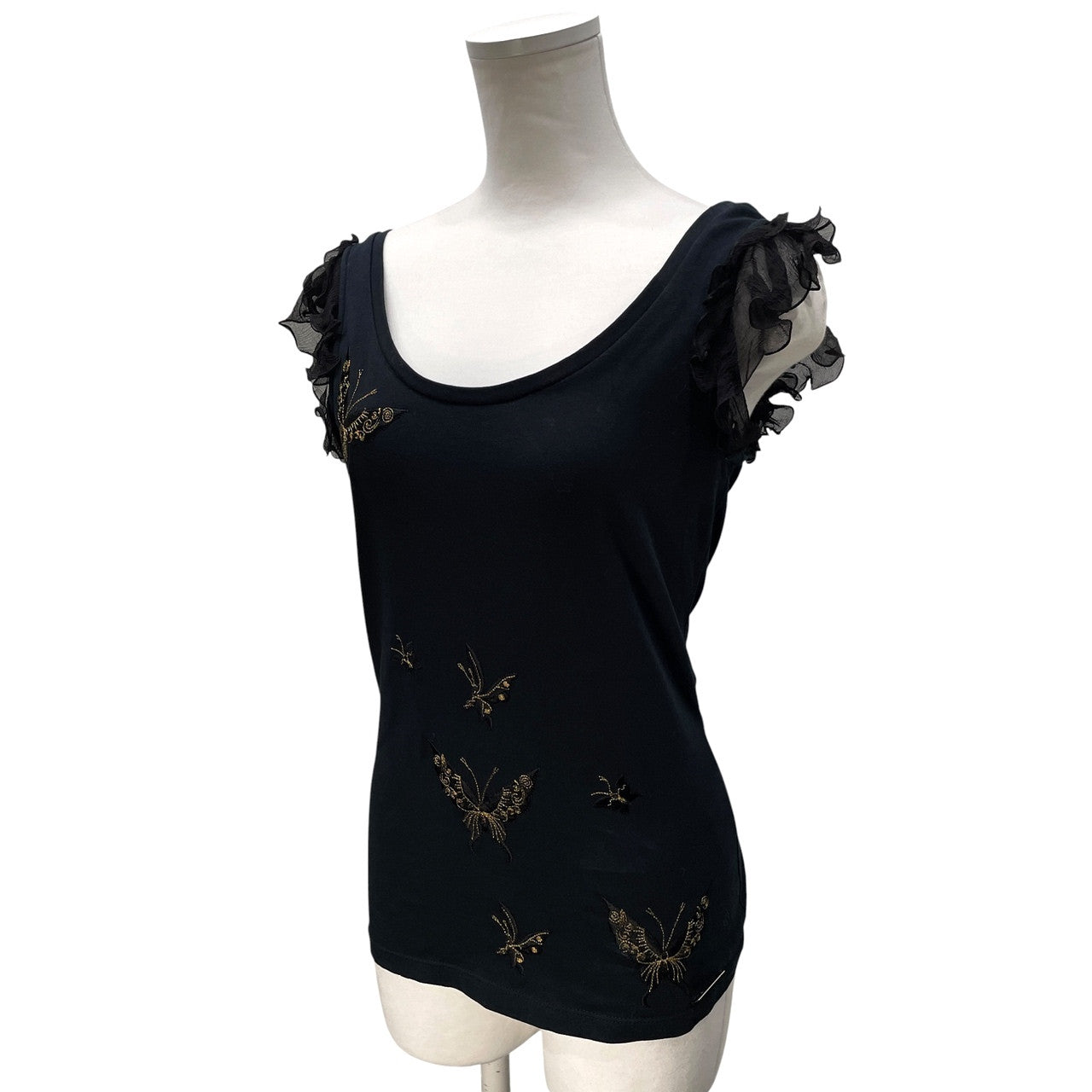 John Galliano 蝶々刺繍フリルタンクトップ ノースリーブカットソー Tシャツ トップス Archive ジョンガリアーノ レディース