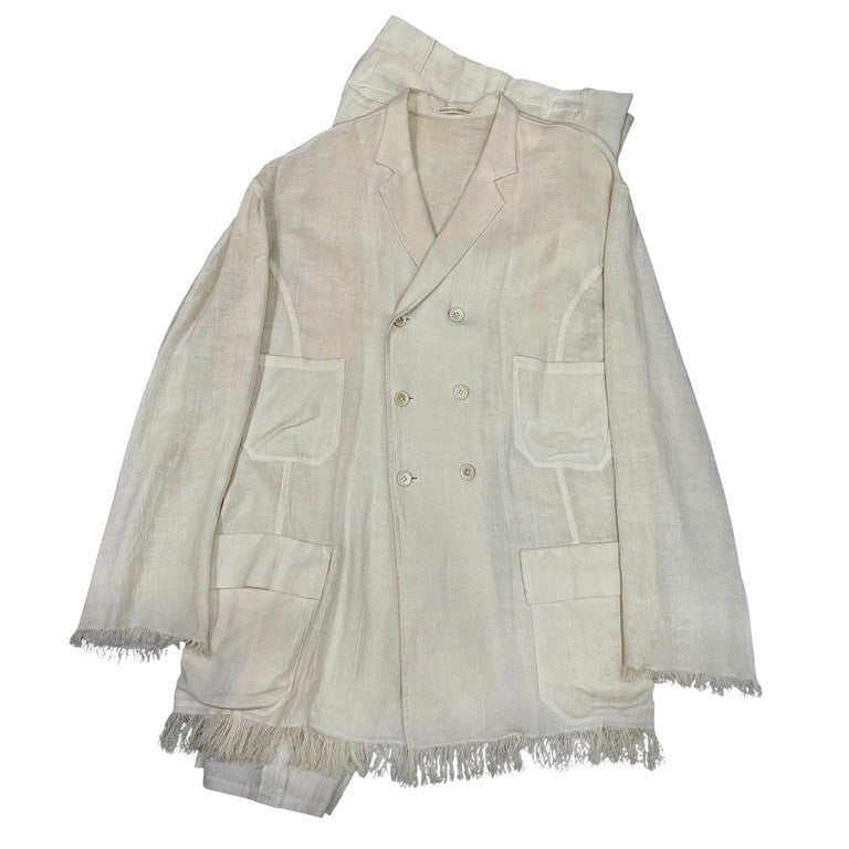 Yohji Yamamoto Pour Homme 94SS リネンカットオフフリンジセットアップスーツ Archive 90s スケアクロウ期 ダブルブレストテーラードジャケット 2タックワイドパンツ スラックス ボトムス ヨウジヤマモトプールオム メンズ