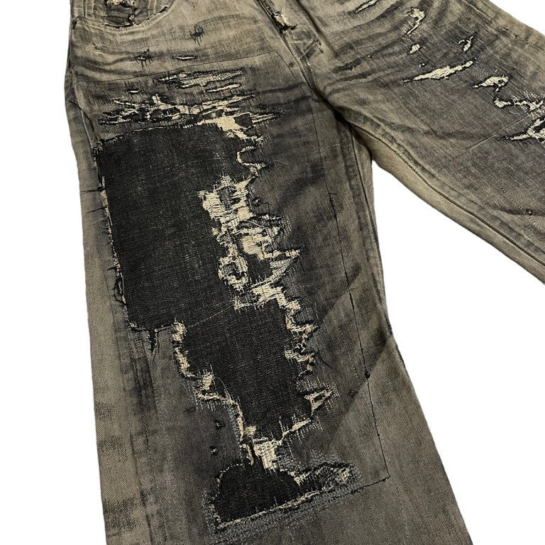 KAPITAL LEGS 初期 炭鉱クラッシュ加工黒革色5Pデニムパンツ 超希少 一点物 オーダー リメイク ダメージ加工 ヴィンテージ加工 月桂樹ボタン コレクターズ KOUNTRY カントリー ボトム キャピタル メンズ