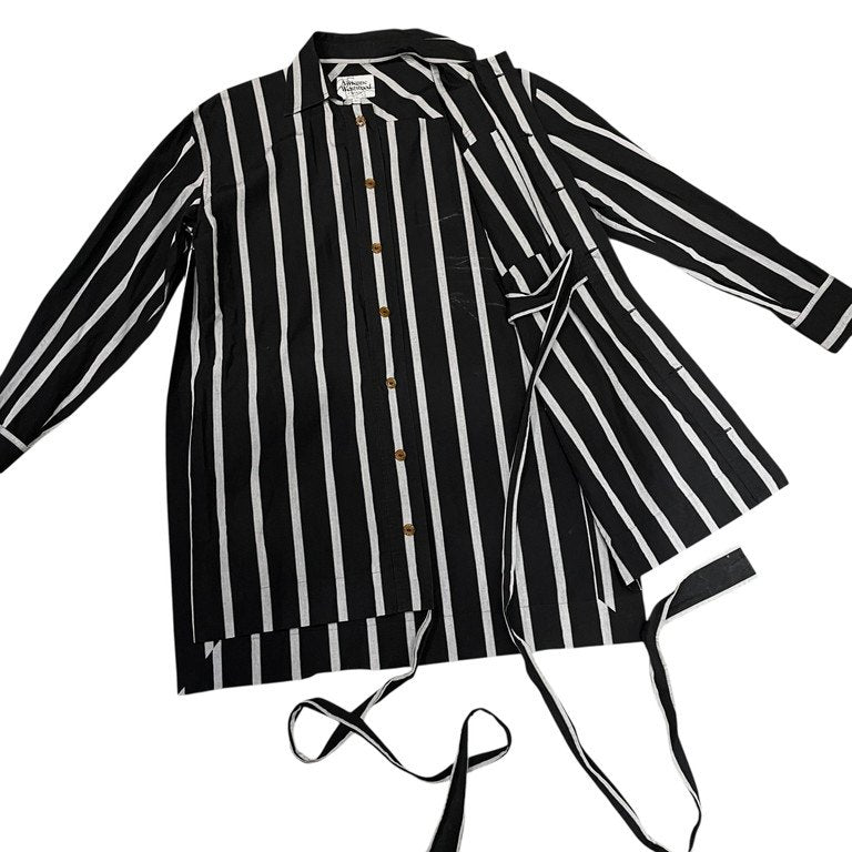 Vivienne Westwood MAN サイドディープスリットベルテッドストライプロングシャツコート オーブ 刺繍 内ベルト トップス アウター ジャケット ヴィヴィアンウエストウッド マン メンズ