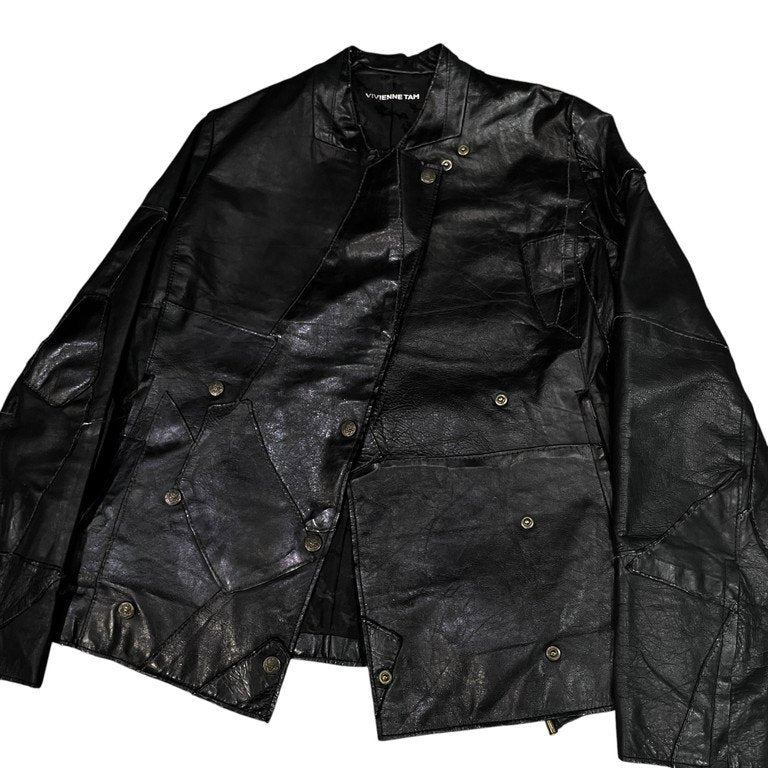 VIVIENNE TAM カウレザーパッチワークノーカラーダブルライダースレザージャケット Archive Vintage 90s 00s ブルゾン コート アウター ヴィヴィアンタム レディース