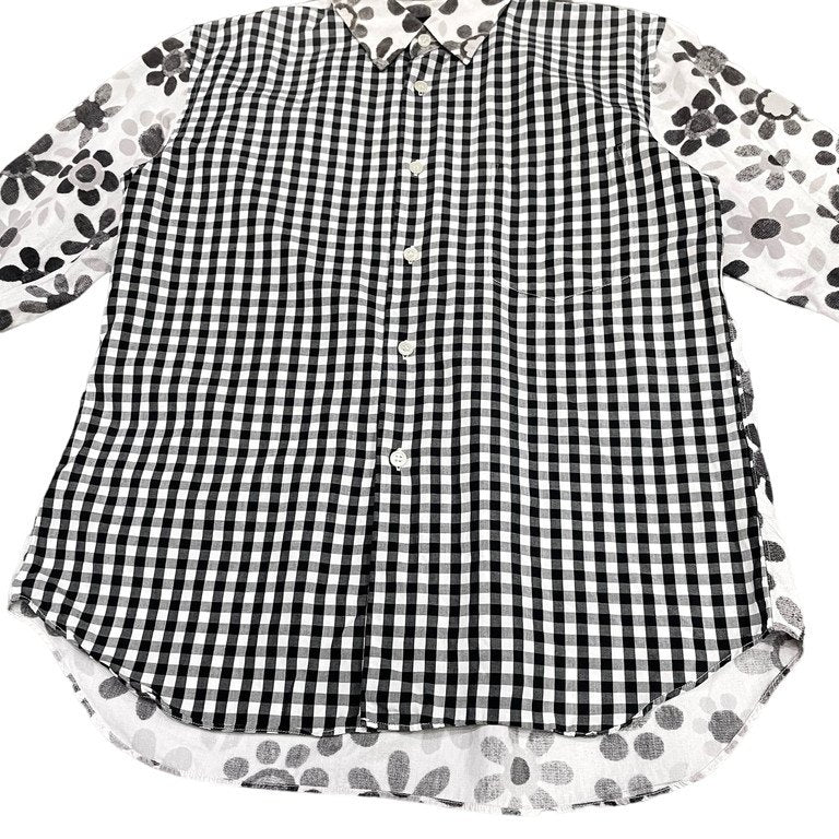 BLACK COMME des GARCONS 12SS コットンブロードチェック花柄切替レギュラーカラーシャツ 総柄 フラワー