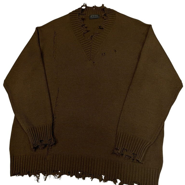 S'YTE Yohji Yamamoto 7G BULKY WOOL DAMAGE V NECK PULLOVER ミドルゲージVネックダメージニットセーター カットオフ トップス UM-K48-613 サイト ヨウジヤマモト メンズ レディース ユニセックス