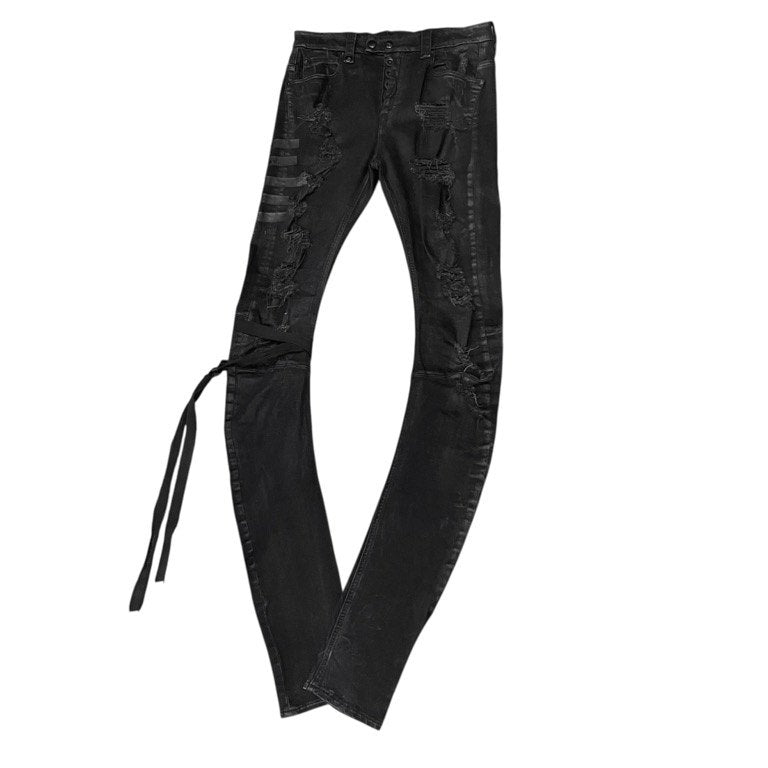 UNRAVEL PROJECT 1st collection ストレッチブラックデニムメッセージプリントデストロイボンテージパンツ ボトムス 立体裁断 バナナシルエット アンラベルプロジェクト メンズ