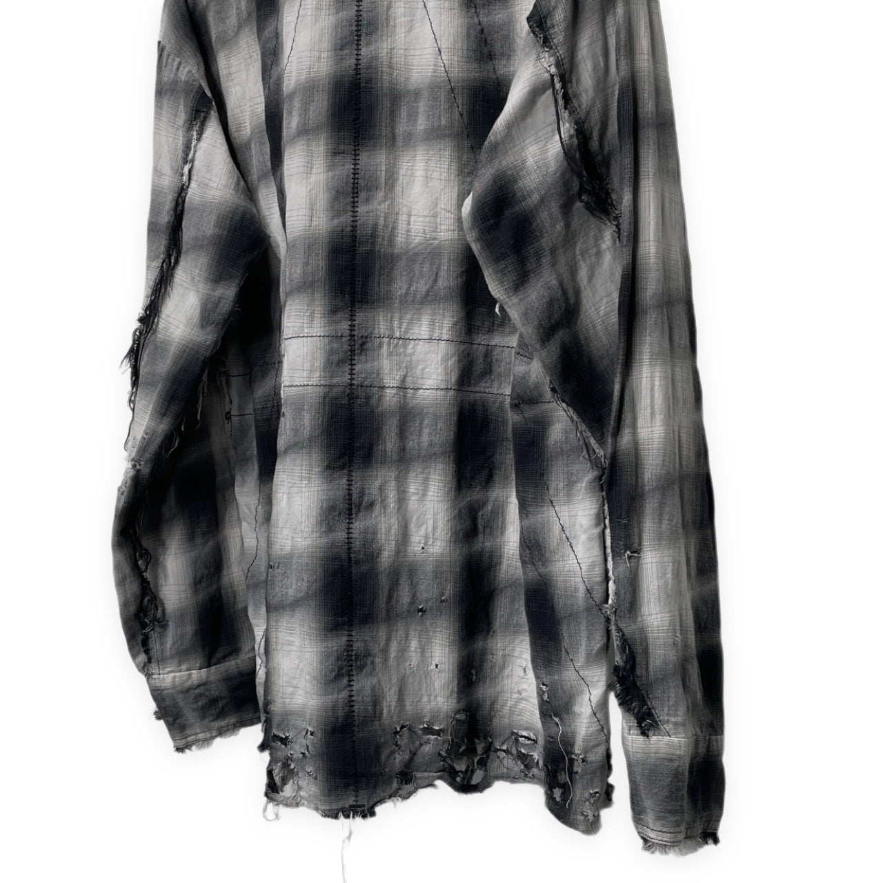 [-]Minus SLASH SEAM OMBRE CHECK SHIRT スラッシュシームオンブレチェックオープンカラーダメージシャツ 開襟 ブラウス トップス 定価35,200円 マイナス メンズ