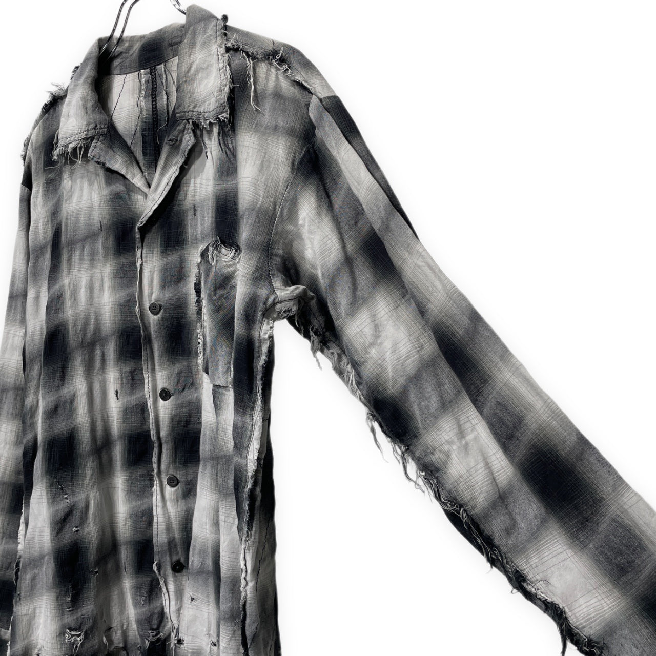 [-]Minus SLASH SEAM OMBRE CHECK SHIRT スラッシュシームオンブレチェックオープンカラーダメージシャツ 開襟 ブラウス トップス 定価35,200円 マイナス メンズ
