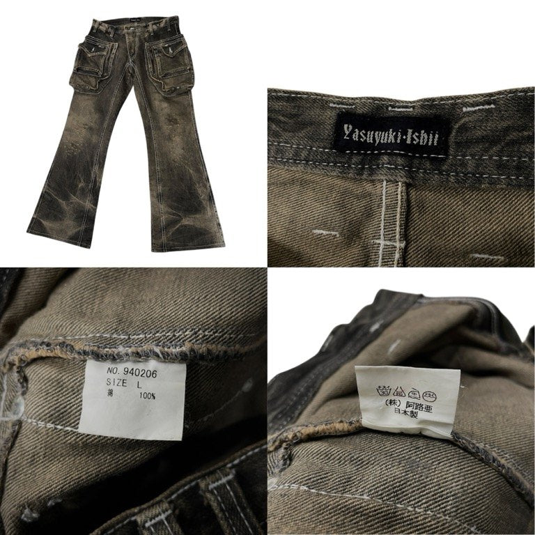 YASUYUKI ISHII ブラックデニムスタッズダメージ加工カーゴポケットフレアパンツ ボトムス Archive 00s Y2K ヤスユキイシイ メンズ