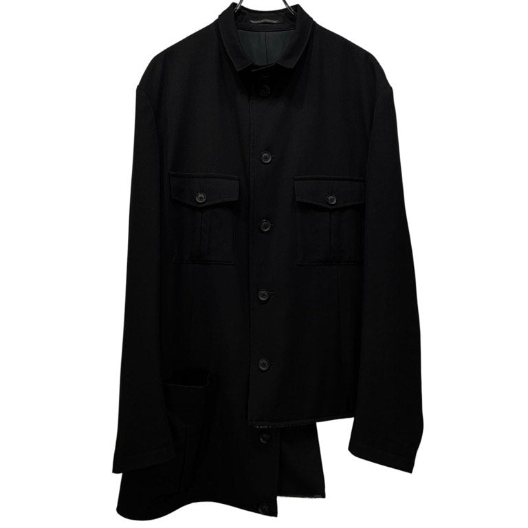 Yohji Yamamoto Pour Homme 19AW WRINKLED GABARDINE STAND FASTENER JACKET ウールギャバジンスタンドファスナーアシンメトリーロングジャケット コート ジップ ブルゾン アウター 定価151,800円 ヨウジヤマモトプールオム メンズ
