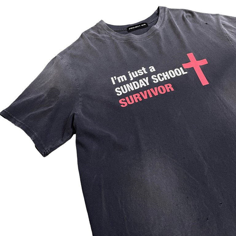 PROJECT G/R SUNDAY SCHOOL WASHED T-SHIRT ダメージ加工プリントオーバーサイズクルーネックTシャツ カットソー Tee プロジェクトジーアール メンズ