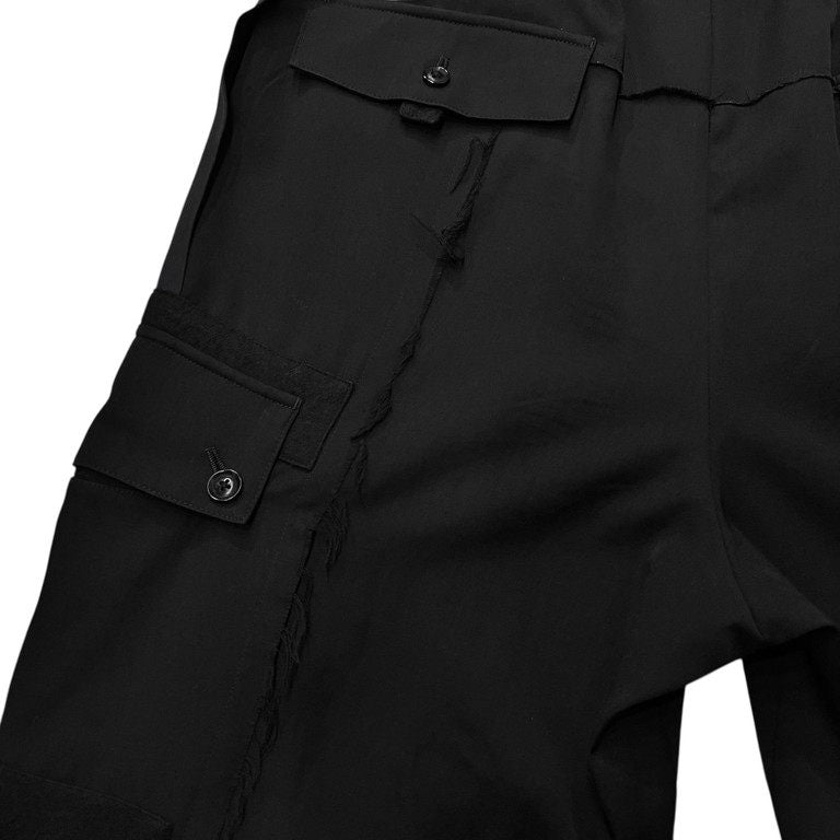 Yohji Yamamoto Pour Homme 15AW ウールギャバジンフラノパッチワーク側章裁ち切りカーゴパンツ LOOK12 Archive カットオフ サイドライン ドローストリング イージー ウエストゴムシャーリング ボトムス ヨウジヤマモトプールオム