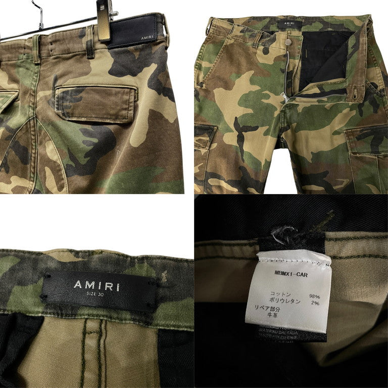 AMIRI ダメージレザーリペアカモフラージュバイカーカーゴパンツ 迷彩 総柄 ボトムス 蛇腹 ミリタリー MBMX1-CAR アミリ メンズ