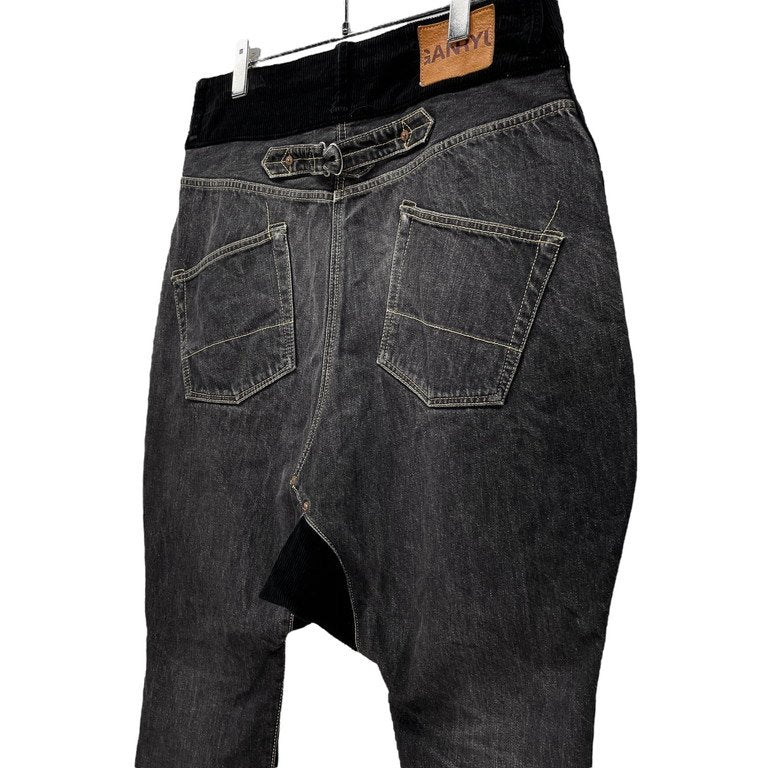 GANRYU 13AW ゴートレザーパッチコットンギャバジンブラックデニムコーデュロイ切替再構築サルエルパンツ クロップド ボトムス COMME des GARCONS ガンリュウ コムデギャルソン メンズ