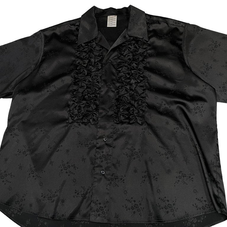 VAQUERA NYC 21ss TUXEDO RUFFLE BUTTON DOWNSHIRTS ポリエステルジャカードサテンフリルボタンダウンシャツ 半袖 ブラウス 定価44,000円 ヴァケラ メンズ レディース ユニセックス