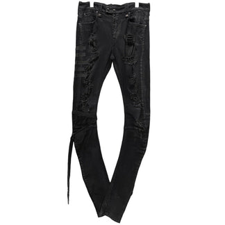 UNRAVEL PROJECT 1st collection ストレッチブラックデニムメッセージプリントデストロイボンテージパンツ ボトムス 立体裁断 バナナシルエット アンラベルプロジェクト メンズ