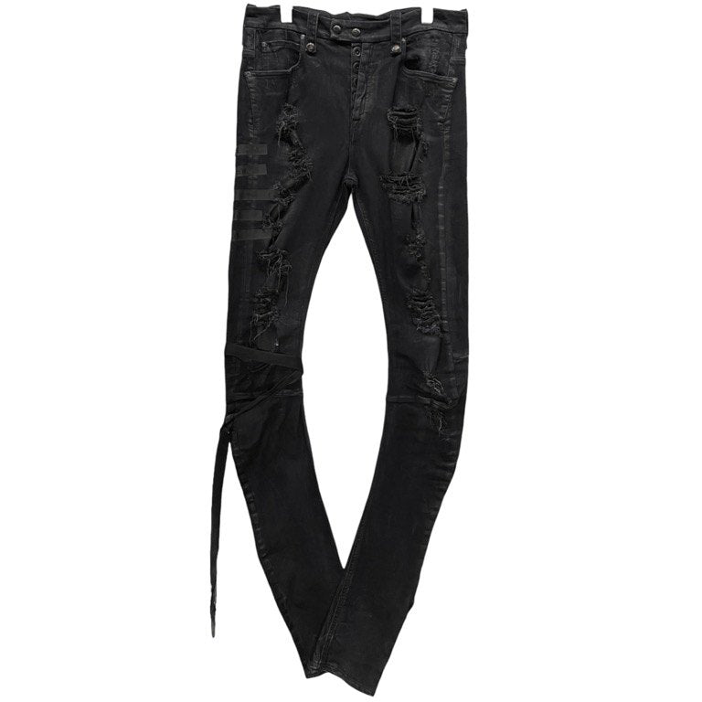 UNRAVEL PROJECT 1st collection ストレッチブラックデニムメッセージプリントデストロイボンテージパンツ ボトムス 立体裁断 バナナシルエット アンラベルプロジェクト メンズ