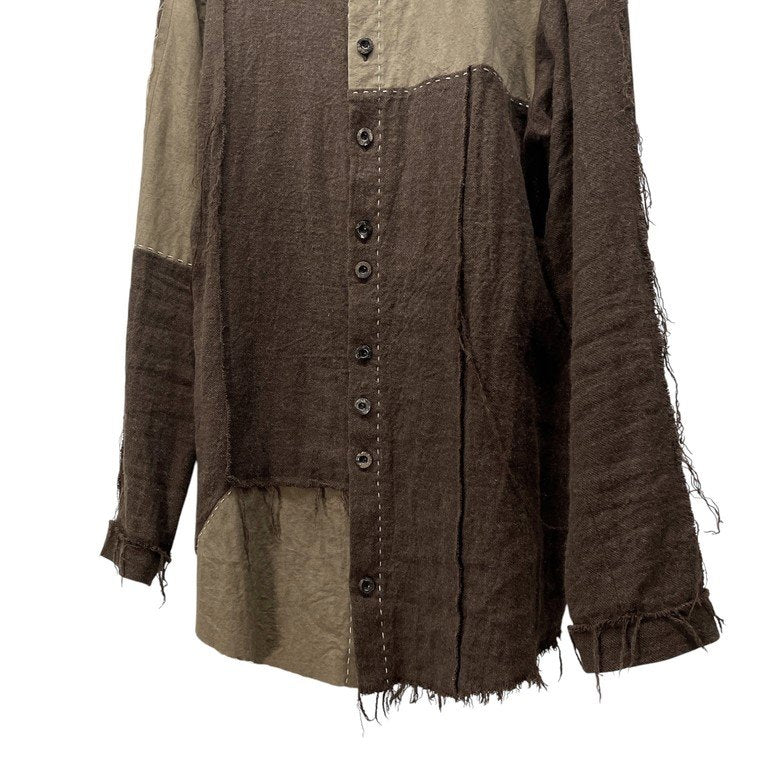 ROGGYKEI リネンウールフランネルハンドステッチパッチワークカットオフバンドカラーシャツ ハンドメイド ロギーケイ メンズ レディース ユニセックス