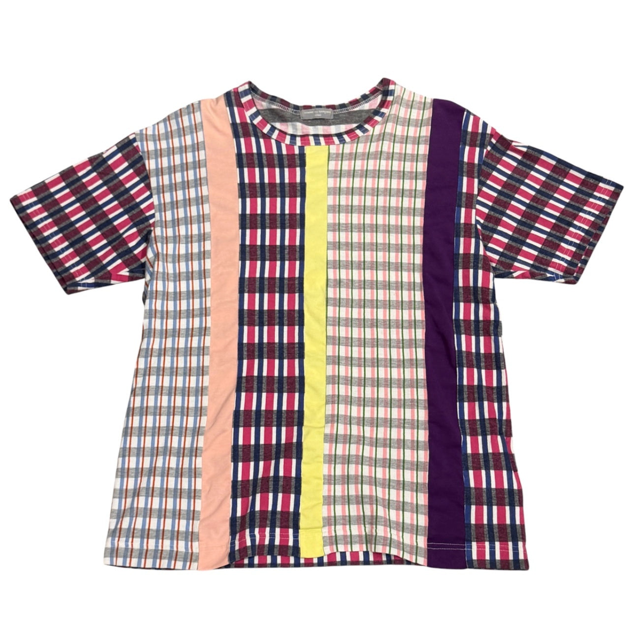 COMME des GARCONS HOMME 01AW 縦接ぎストライプパッチワークチェック柄クルーネックTシャツ カットソー Tee T-shirt 半袖 トップス Archive 00s 総柄 コムデギャルソンオム メンズ