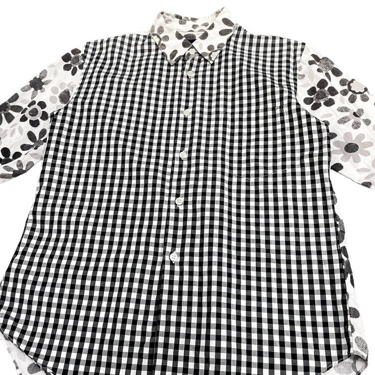 BLACK COMME des GARCONS 12SS コットンブロードチェック花柄切替レギュラーカラーシャツ 総柄 フラワー