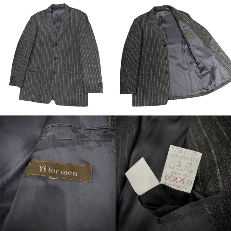 Y's for men グレーストライプウールツイードセットアップスーツ テーラードジャケット パンツ スラックス トラウザーズ Archive 90s Yohji Yamamoto Pour Homme ワイズフォーメン ヨウジヤマモトプールオム メンズ