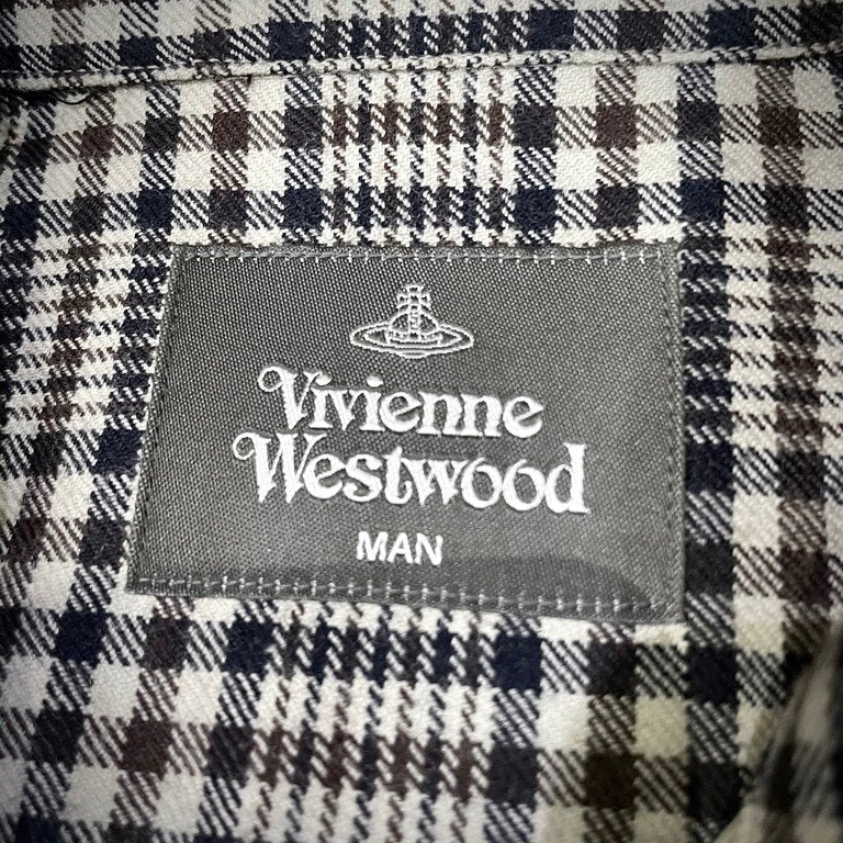 Vivienne Westwood MAN 22AW ウールセルロースチェック切替バックドレープシャツ 変形 オーブ 刺繍 ブラウス