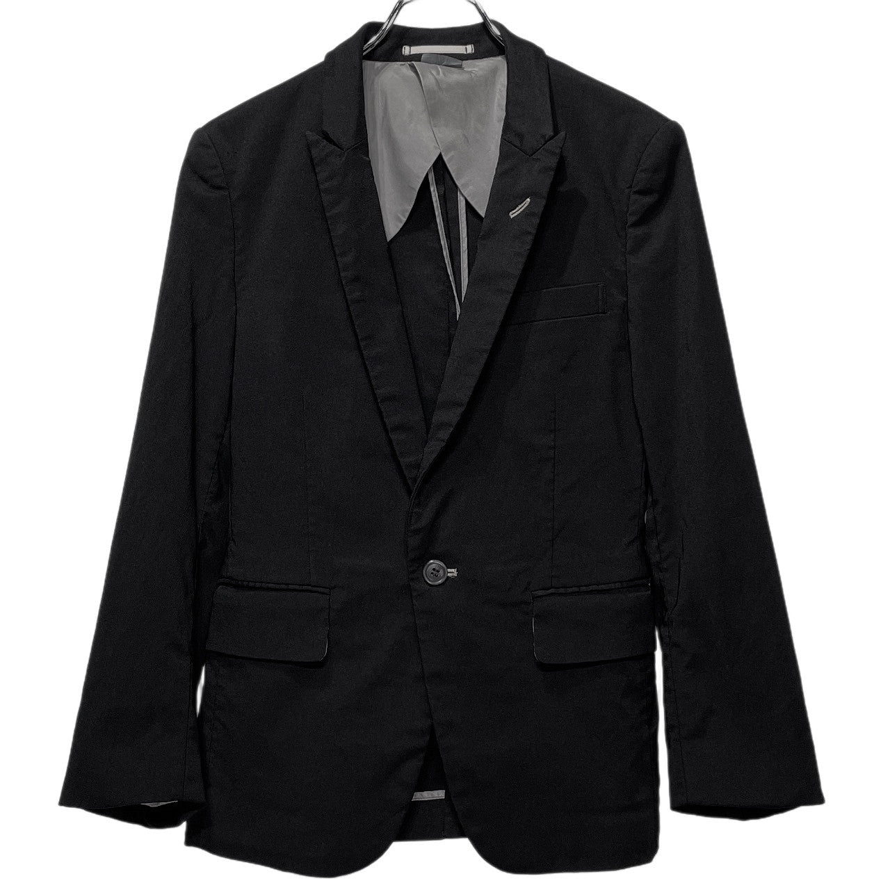 COMME des GARCONS HOMME PLUS 08SS ストレッチナイロンツイル製品染めナローピークドラペル1Bテーラードジャケット ブレザー アウター Archive Super Imposition スーパーインポジション コムデギャルソンオムプリュス メンズ
