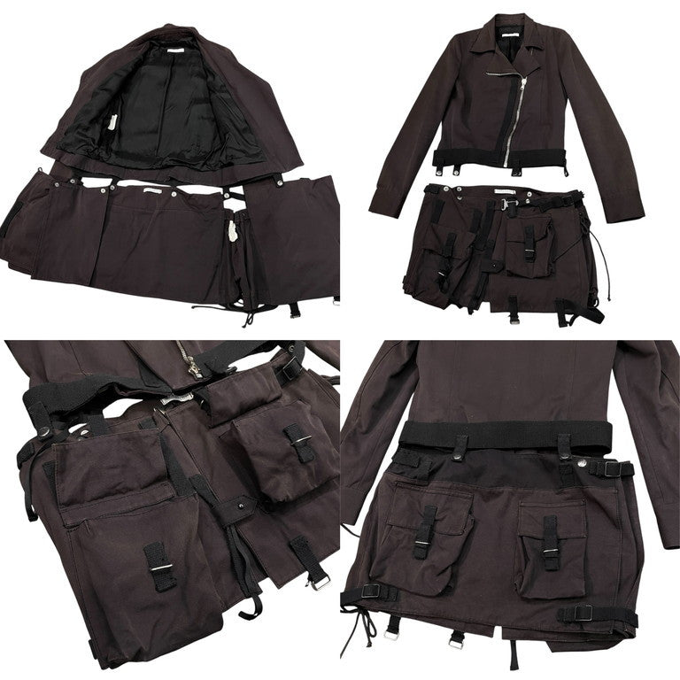 hussein chalayan 02AW キャンバスコットンカットオフ立体ポケットスカートドッキングライダースジャケット Archive ブルゾン アウター 脱着 フセインチャラヤン レディース